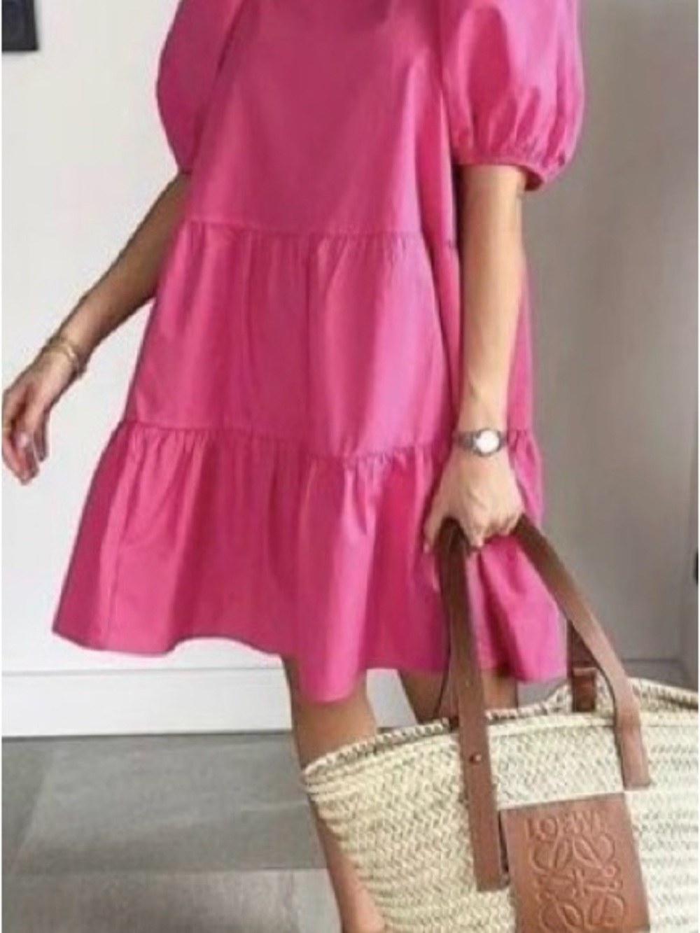H&M Hot Pink Tiered Puff-Sleeve Mini Dress